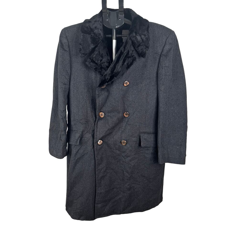 Vintage Charcoal Herringbone Faux Fur Lined Greatcoat Heavy Double Breasted Coat